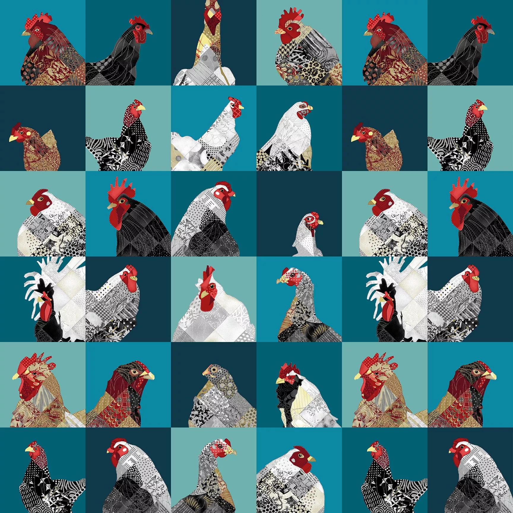 Zooming Chickens - 4-inch Blocks - Teal/Red